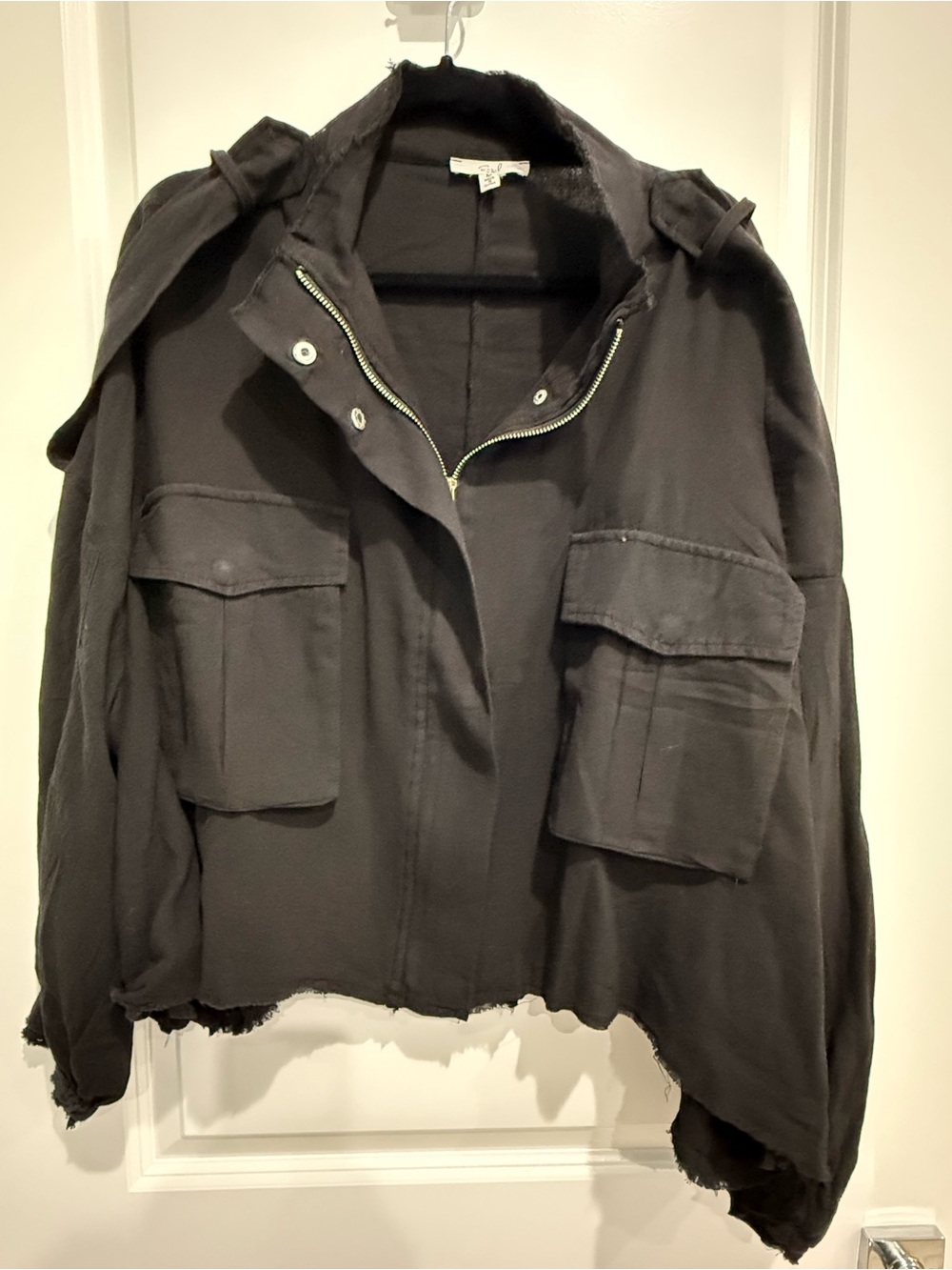 easel Black Frayed-Hem Utility Jacket